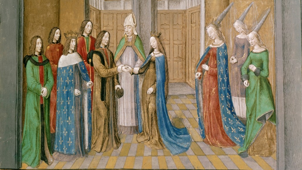 a painting of men and women in medieval england in a castle wearing dresses and robes