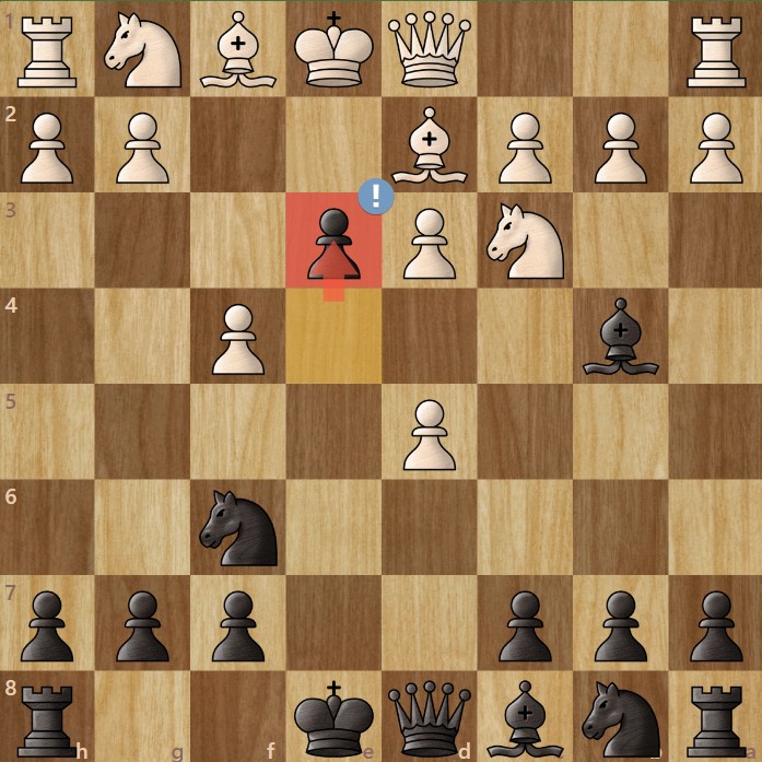 A chessboard diagram showing pawns in a game of chess principle: pawn breaks on the e-file.