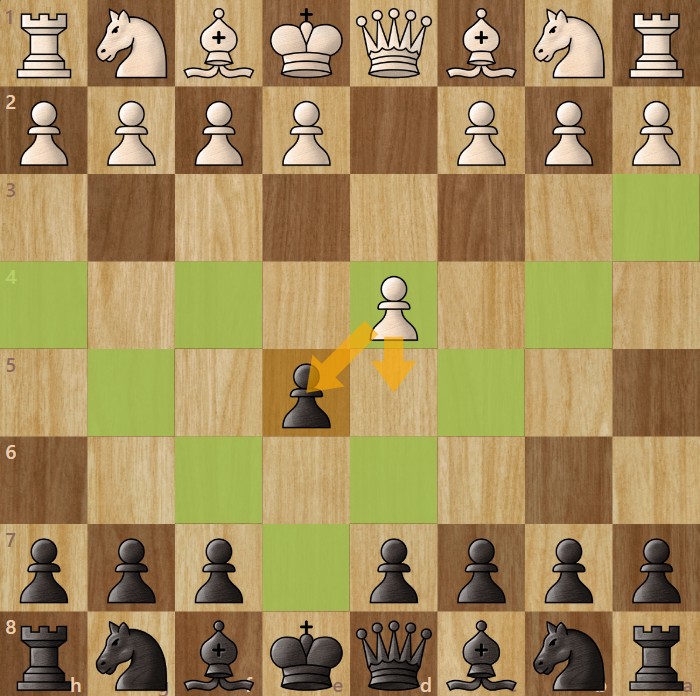 A chessboard diagram showing the chess opening 1. d4 e5.