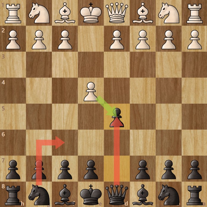 A chessboard diagram showing the Scandinavian Defense answer to the King's Pawn Opening.