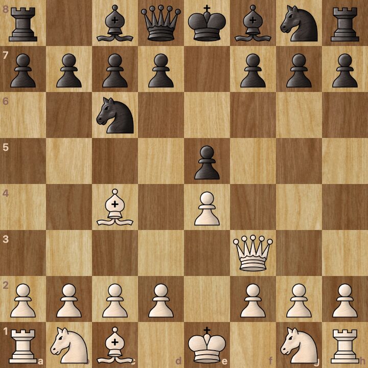 Bishop just moved to c4, the queen is ready to play checkmate if allowed.