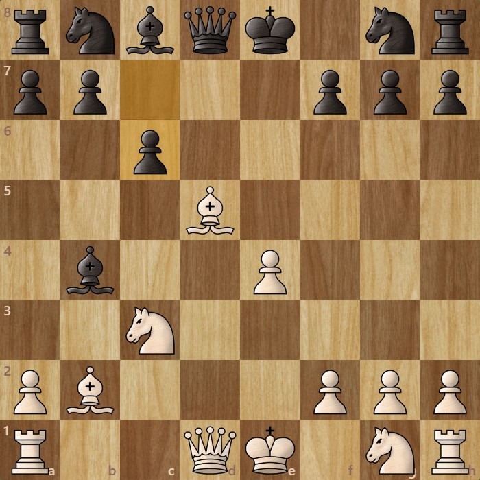 A chessboard diagram showing the knights before bishops principle an opening trap.