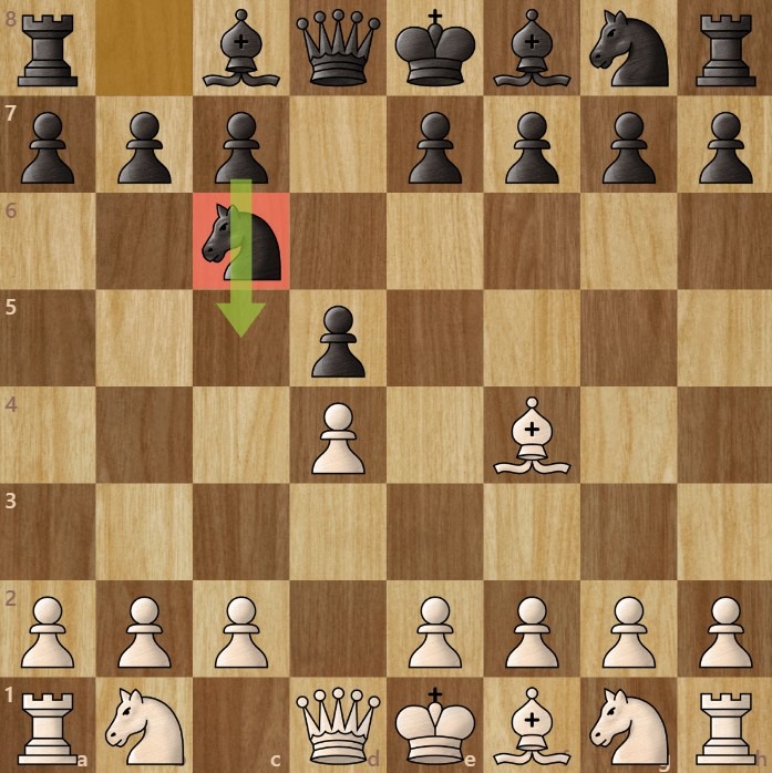 A chessboard diagram showing how knights can sometimes prevent pawn development.
