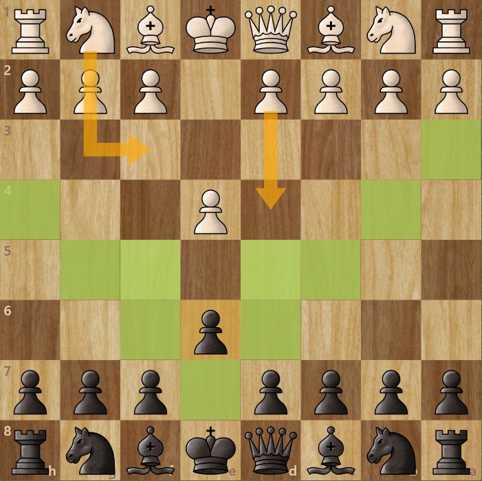 A chessboard diagram showing Black's starting move 1. e4 e6.