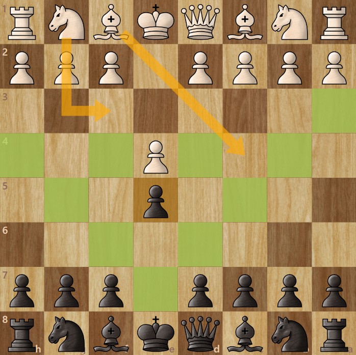 A chessboard diagram showing Black's starting move 1. e4 e5