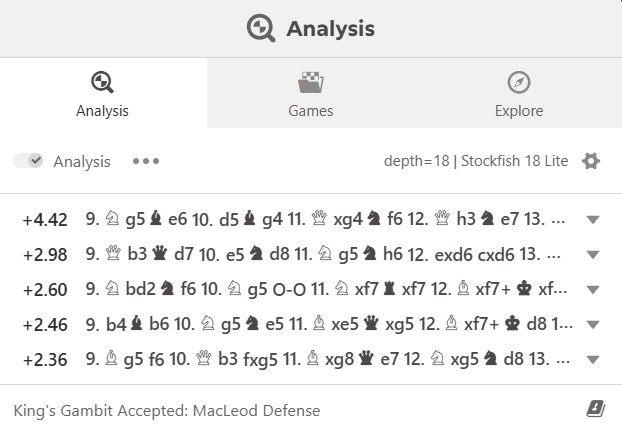 A screenshot of computer chess analysis engine lines.