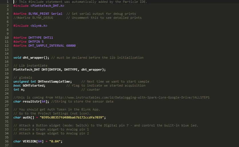 Captura de tela do código C incorporado usado no Particle Photon para IoT Weather Monitoring System