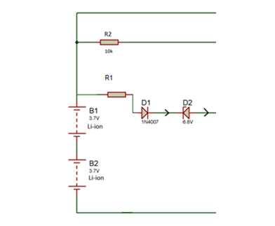 Diagrama de circuito mostrando o diodo Zener funcionando no protetor de sobrecarga da bateria