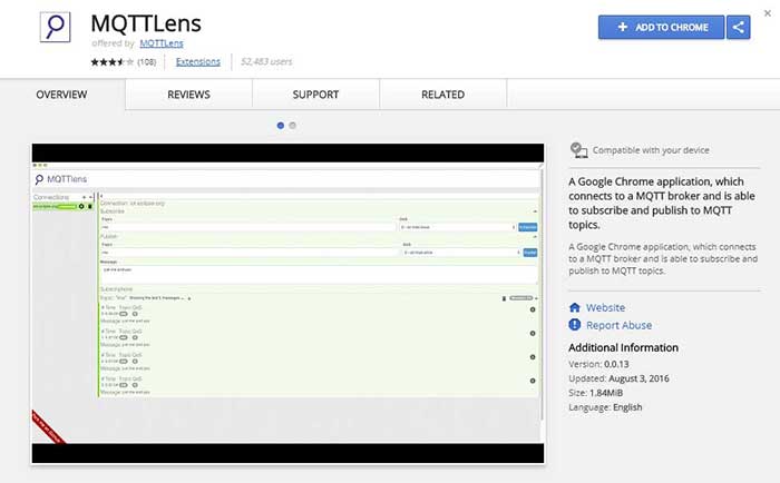 Screenshot of MQTTLens Chrome extension to configure PC as MQTT client Captura de tela da extensão MQTTLens do Chrome para configurar o PC como cliente MQTT