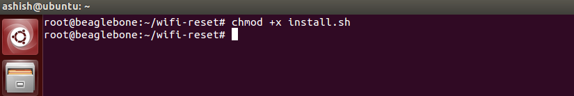 Captura de tela da configuração de permissões para Wifi Reset Git Clone do console Linux no Beaglebone Black