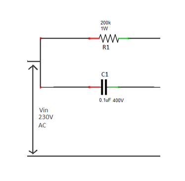 Diagrama de circuito do redutor de tensão CA baseado em capacitor com classificação X e resistor de sangramento