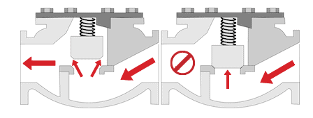 Válvula de retenção com mola de elevação no estado aberto (lado esquerdo) e no estado fechado (lado direito)