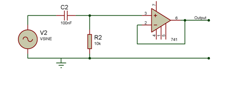 Diagrama de circuito do filtro de áudio passa-altas ativo de primeira ordem