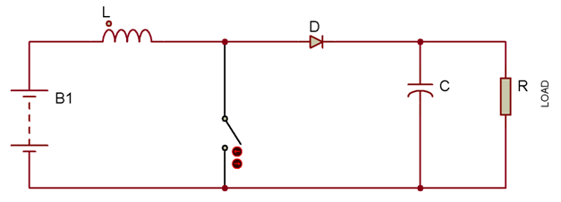 Diagrama de circuito mostrando o estado desligado do componente de comutação no conversor Boost Diagrama de circuito mostrando o estado desligado do componente de comutação no conversor Boost