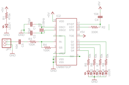 Diagrama de circuito do receptor DTMF baseado em IC CM8870CP