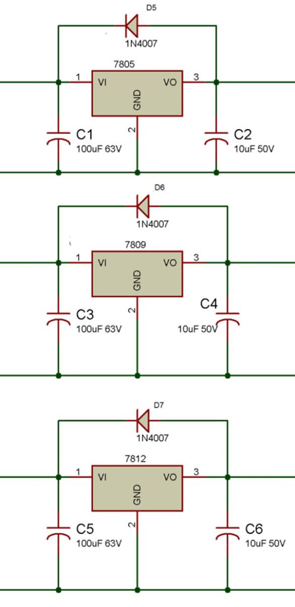 Diagrama de circuito de proteção contra curto-circuito para fonte de alimentação de bancada tripla