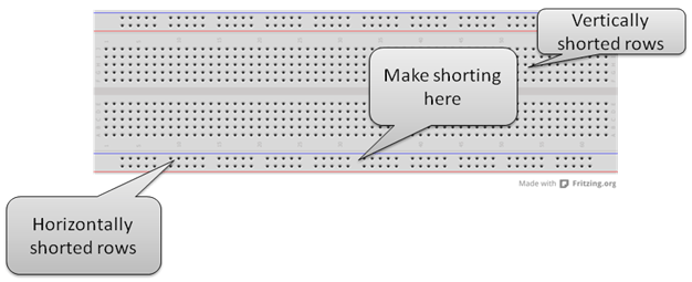 Imagem mostrando linhas e colunas em uma breadboard