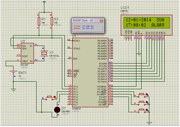 Diagrama de circuito do microcontrolador 8051 e relógio de tempo real baseado em IC DS1307