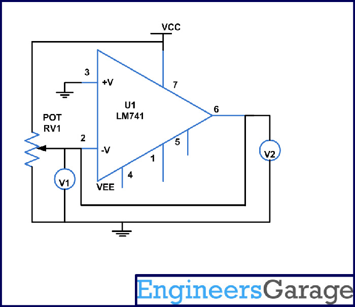 Diagrama de circuito para teste de pino não inversor do LM741 IC