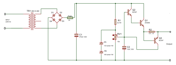 Diagrama de circuito do regulador de tensão para fonte de alimentação CC ajustável de 0 a 30 V 2 A