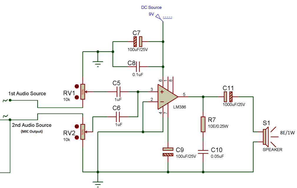 Diagrama de circuito do amplificador de potência de áudio de 1 Watt