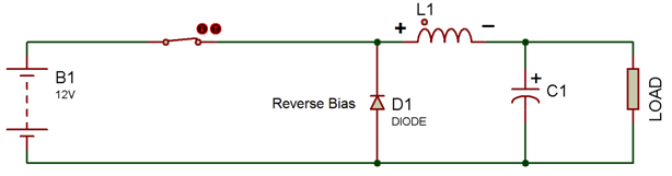 Diagrama de circuito mostrando o estado ligado do componente de comutação no conversor Buck Diagrama de circuito mostrando o estado ligado do componente de comutação no conversor Buck