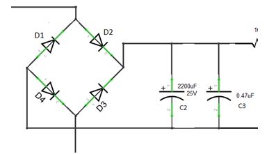 Diagrama de circuito do capacitor de suavização para transformador sem fonte de alimentação CA para CC