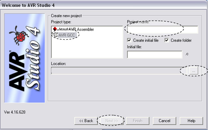 Captura de tela da criação de um novo projeto no AVR Studio 4