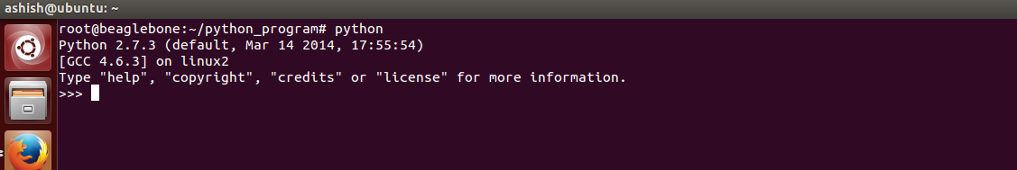 Captura de tela da execução do Python no console Linux no Beaglebone Black