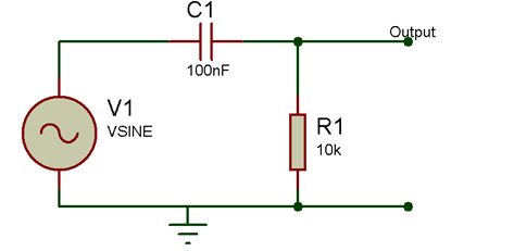 Diagrama de circuito do filtro de áudio passa-alta passivo de primeira ordem