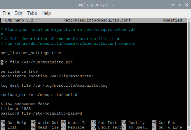Editando mosquitto.conf no Raspberry Pi para ativar a autenticação