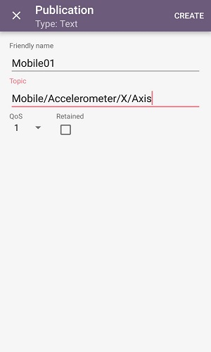 Captura de tela móvel da criação de tópicos na atividade de publicação do painel IOT MQTT