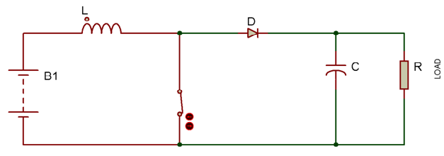 Diagrama de circuito mostrando o estado LIGADO do componente de comutação no conversor Boost Diagrama de circuito mostrando o estado LIGADO do componente de comutação no conversor Boost