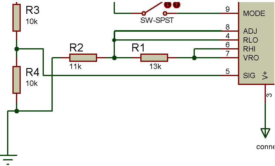 Diagrama de circuito da rede divisora ​​de tensão nos pinos RHI e RLO