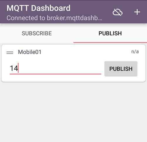 Captura de tela móvel da publicação de mensagem sobre um tópico no painel IOT MQTT