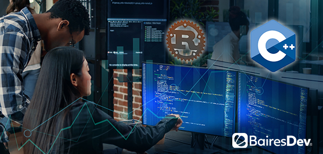 Infográfico comparando recursos Rust vs C++ com benchmarks de desempenho, facilidade de uso e muito mais.