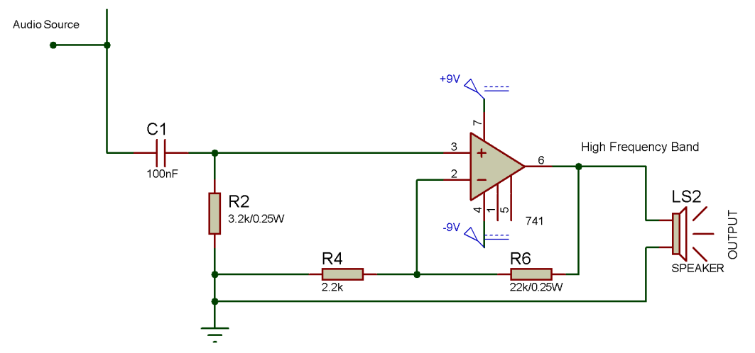 Diagrama de circuito do filtro passa-altas ativo baseado em 741 OPAM 