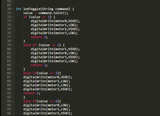 Captura de tela da função ledToggle  do Particle Photon Code para o carro robótico controlado pela Internet