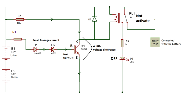 Diagrama de circuito mostrando o prático interruptor lateral alto funcionando no protetor de sobrecarga da bateria