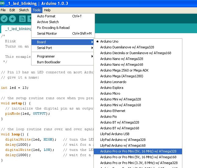 Selecionando Arduino Pro Mini na janela IDE