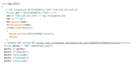 Captura de tela da função de gerenciamento de comunicação IoT no Arduino Sketch para sistema de monitoramento IoT Garden