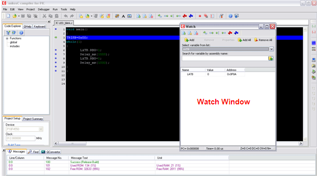 Screenshot of debug options in MikroC IDE Captura de tela das opções de depuração no MikroC IDE