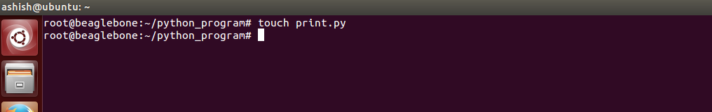 Captura de tela da criação de um novo arquivo Python a partir do console Linux no Beaglebone Black