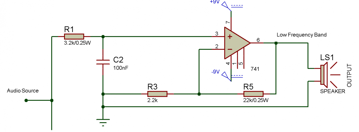 Diagrama de circuito do filtro passa-baixa ativo baseado em 741 OPAM 