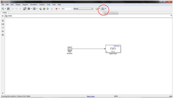 Captura de tela do Simulink mostrando o botão ‘Implantar no hardware’