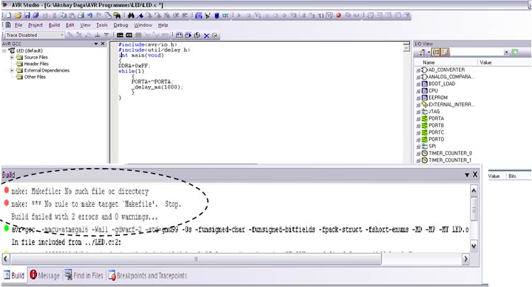 Screenshot of building a project in AVR Studio 4 Captura de tela da construção de um projeto no AVR Studio 4