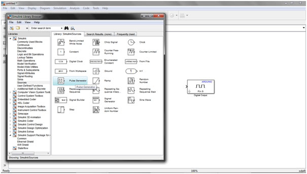 Captura de tela da adição de gerador de pulso no Simulink