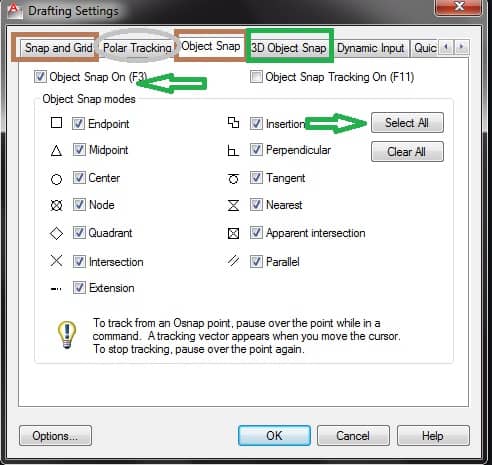 Snap, polar tracking, object snap setting