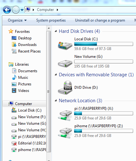 Pastas compartilhadas na interface do Windows e Raspberry Pi