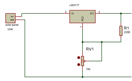 Diagrama de circuito do regulador de tensão baseado em IC LM317 para fonte de energia solar